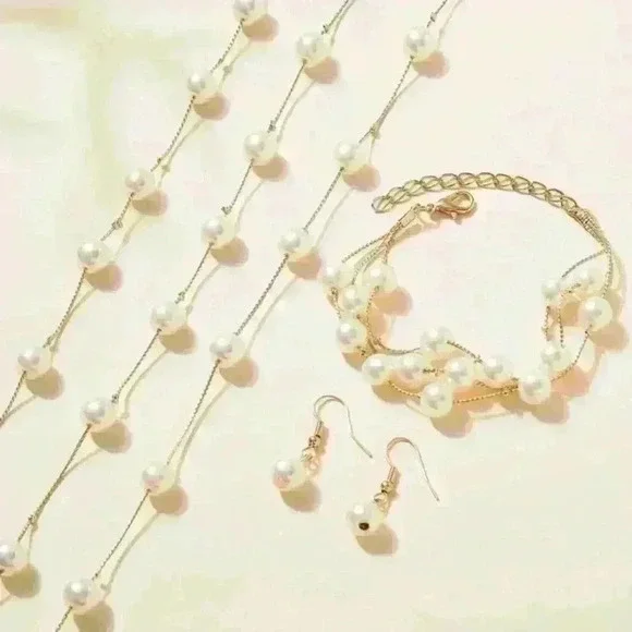 New 3pcs/Set Faux Pearl Decor Jewelry SetEarrings, Necklace and Bracelet